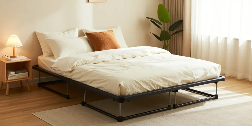 Cozy guest room with portable bed and inviting decor.