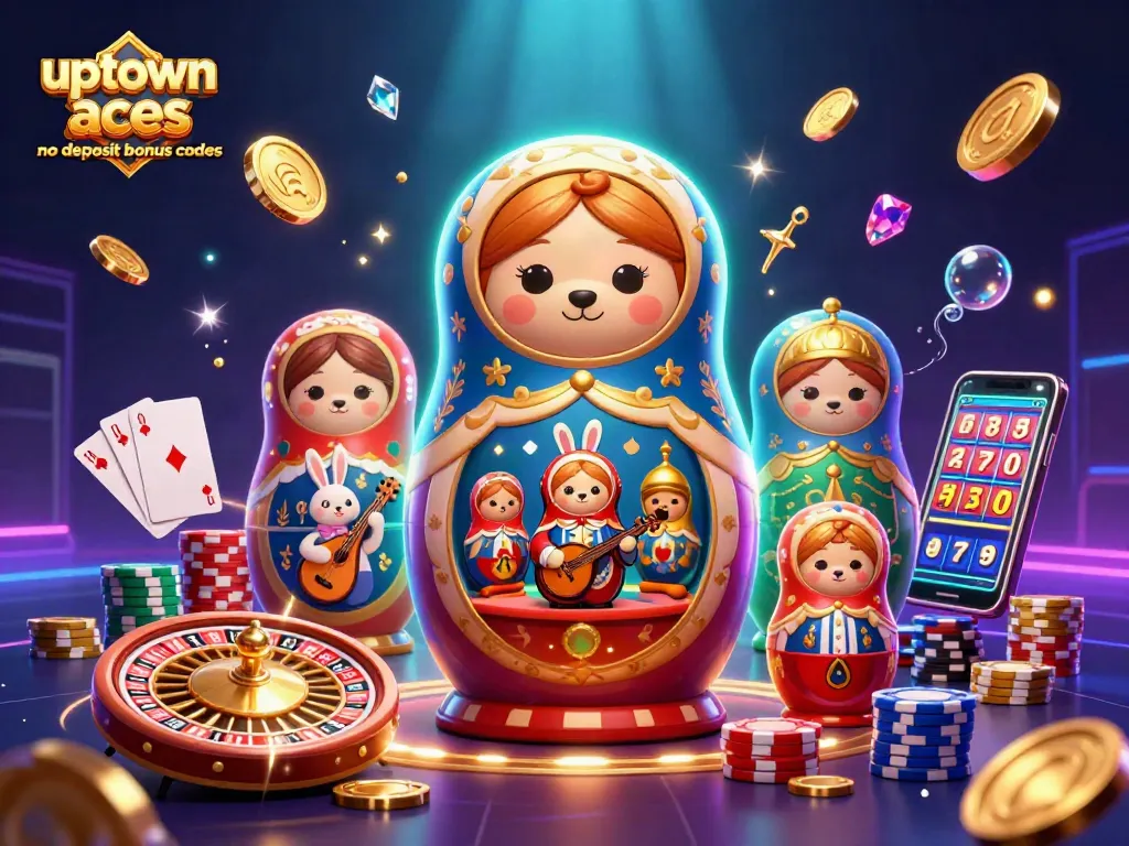 Win big with uptown aces no deposit bonus codes, featuring a vibrant casino scene with characters and sparkling elements.