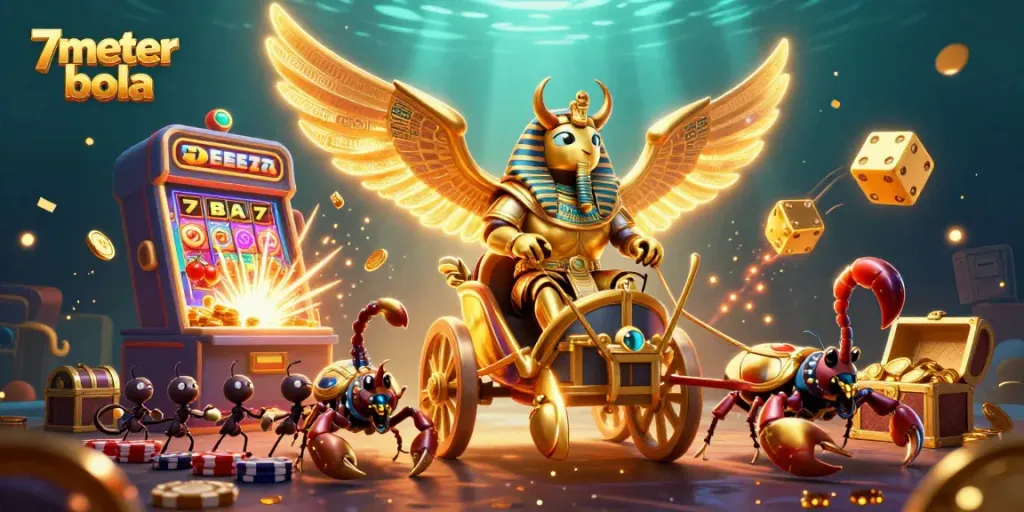 Experience thrilling gaming with 7meter bola as vibrant characters and casino elements collide in this dynamic scene.