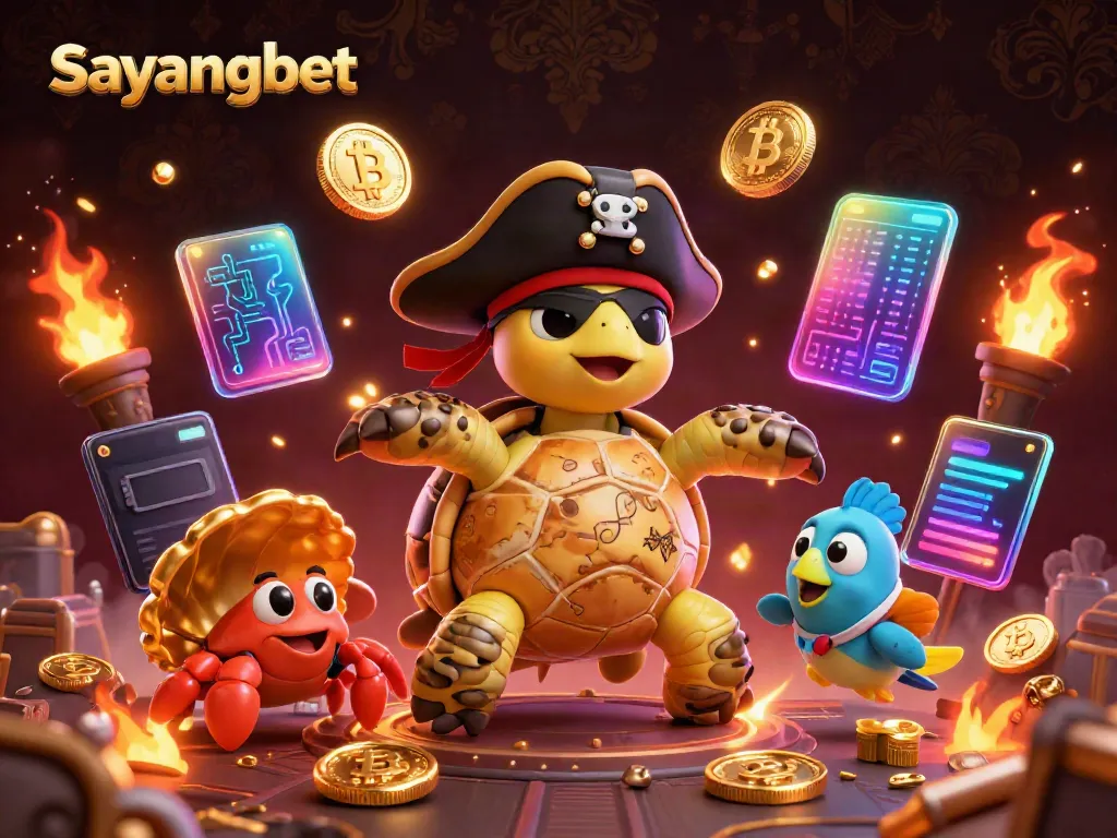 Engage in thrilling gaming with Sayangbet, featuring vibrant cartoon characters amidst glowing cryptocurrency elements.