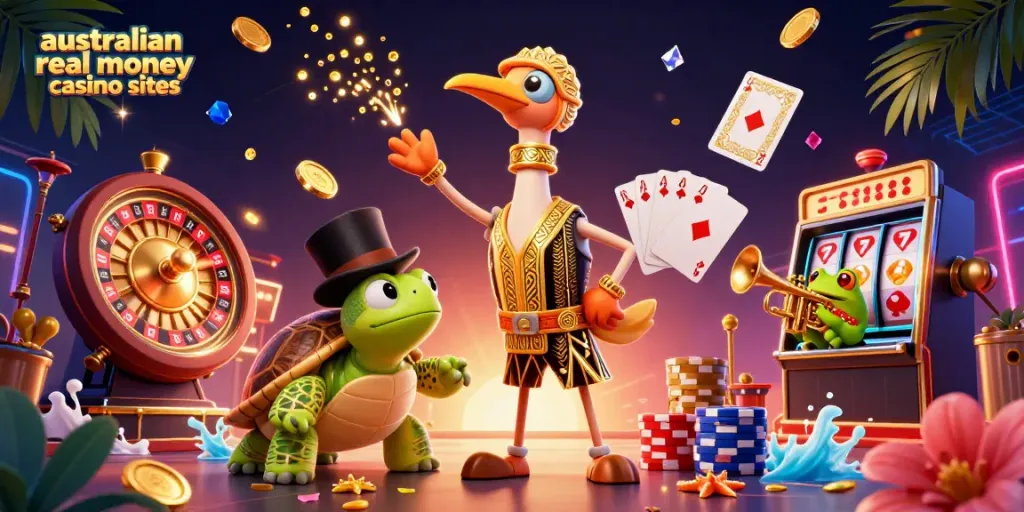 Experience the thrill at australian real money casino sites featuring characters in a dynamic casino scene.