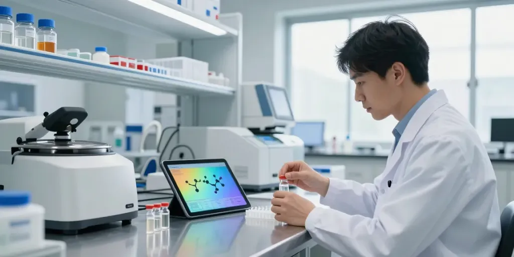 Scientist examining research peptides in a modern lab space in the USA.