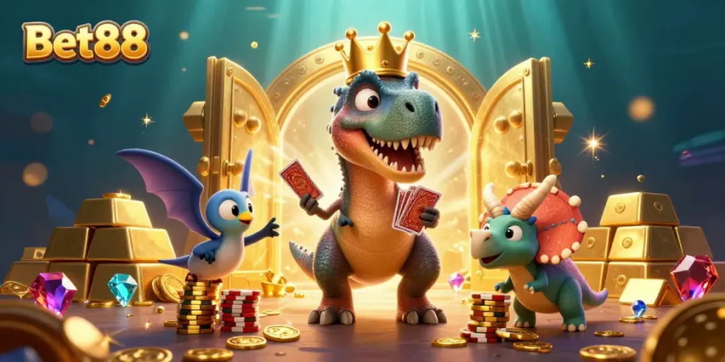 Trải nghiệm cá cược Bet88 đầy màu sắc với các nhân vật hoạt hình như khủng long trong môi trường trò chơi sôi động.